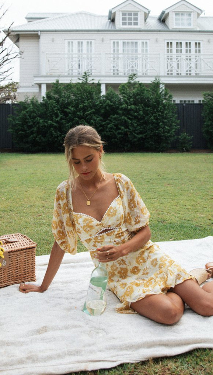 Yellow Floral Pom-Pom Flare Dress