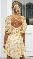 Yellow Floral Pom-Pom Flare Dress