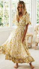 Yellow Floral Bohemia V-Neck Dress