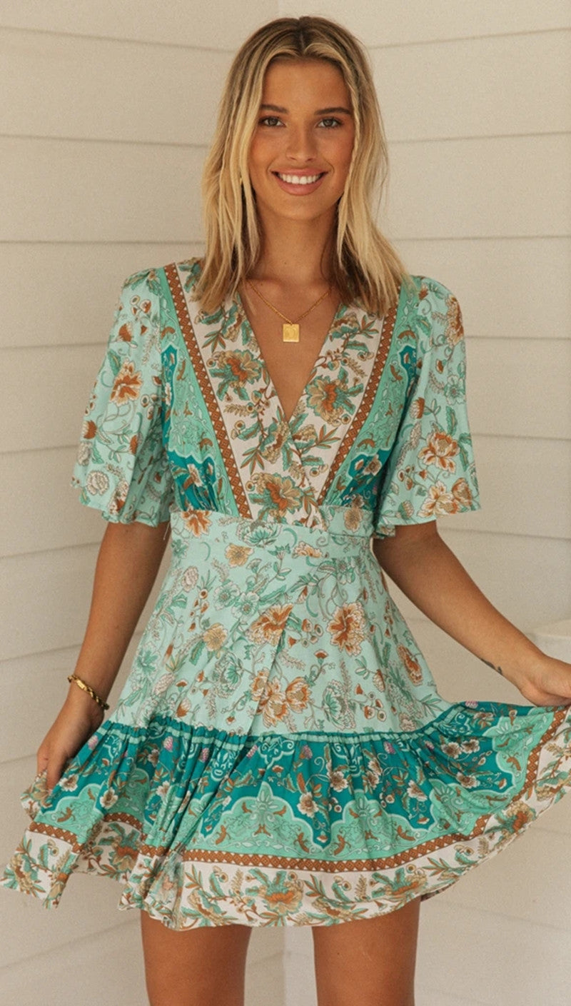 Aqua Floral Surplice Boho Dress