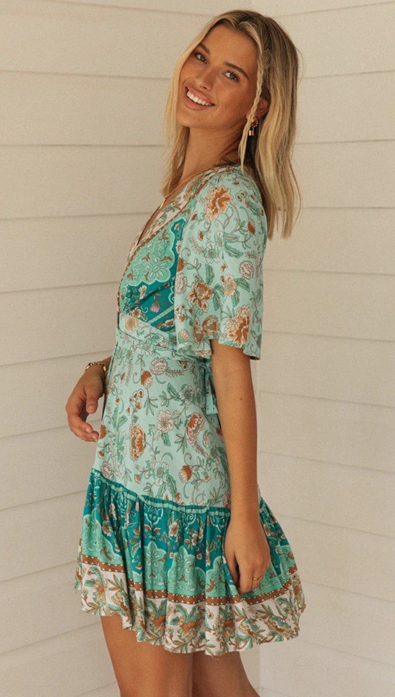 Aqua Floral Surplice Boho Dress