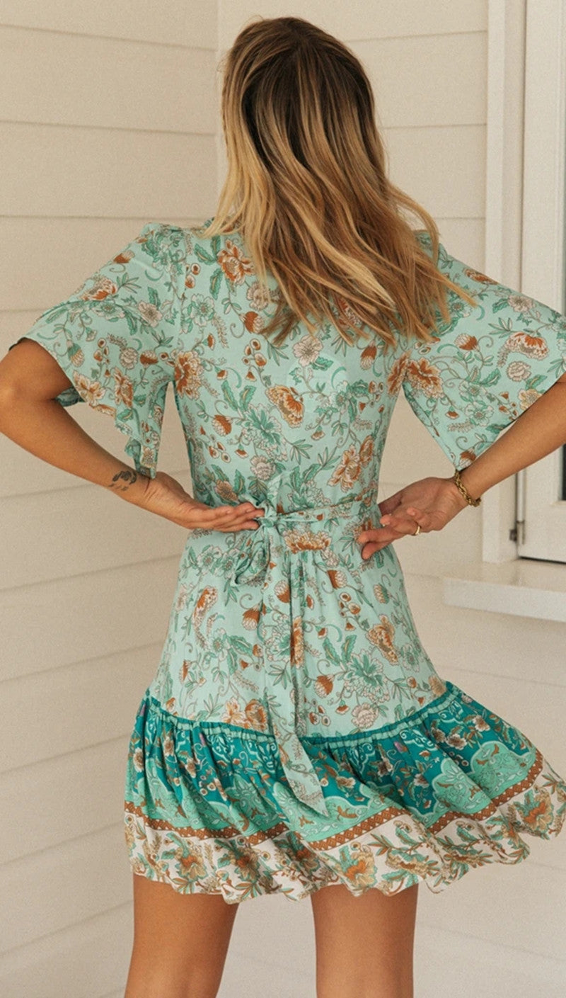 Aqua Floral Surplice Boho Dress