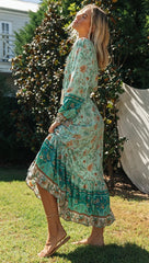 Aqua Boho Floral Long Sleeves Dress