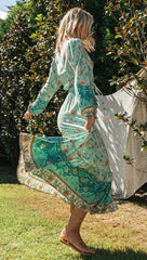 Aqua Boho Floral Long Sleeves Dress