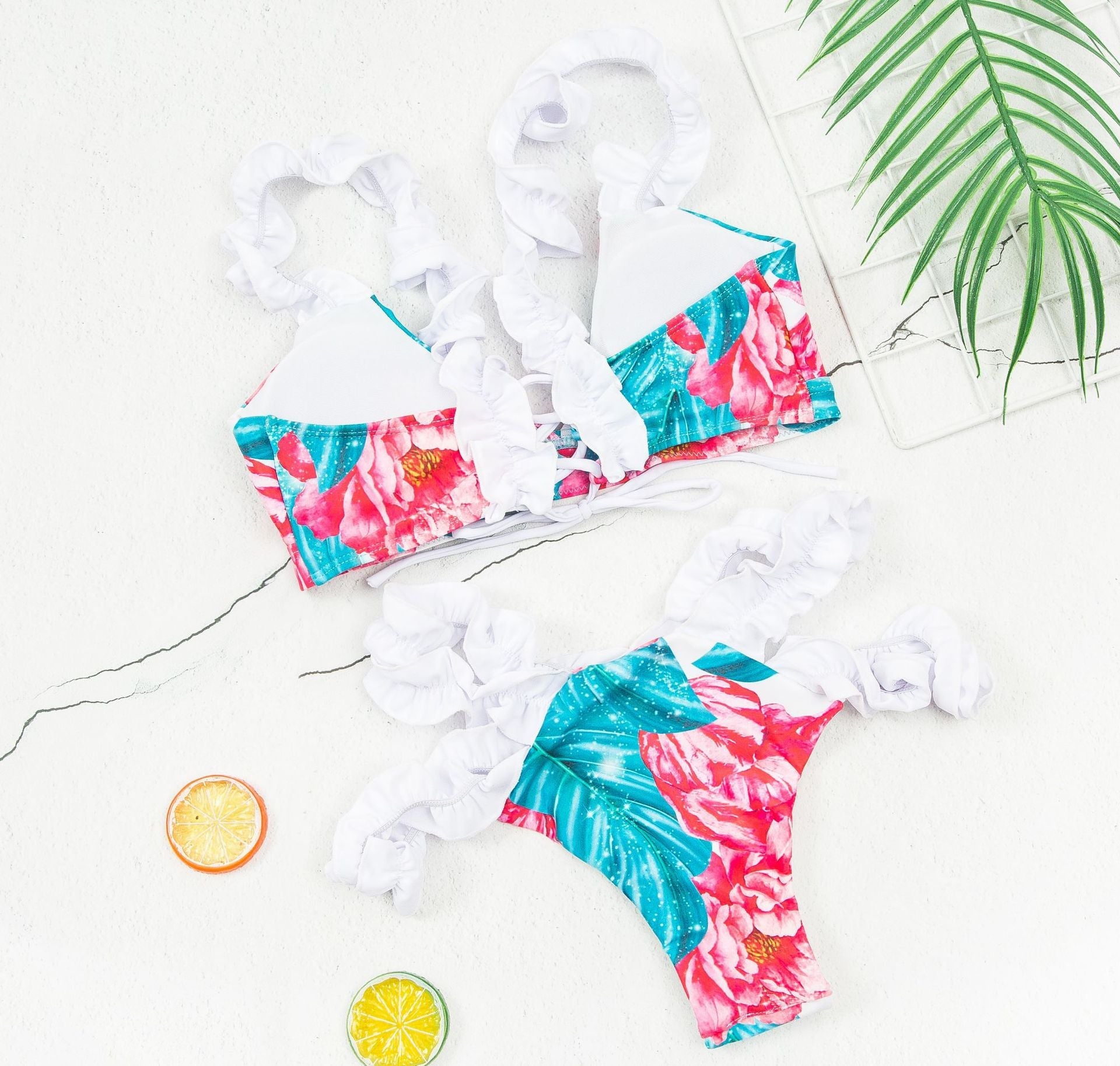Foliage Floral Ruffled Straps Triangle Bikini Sets