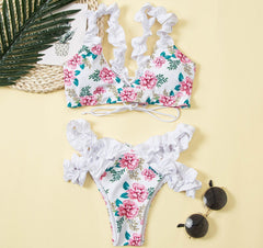 Rose Print Ruffled Straps Triangle Bikini Sets