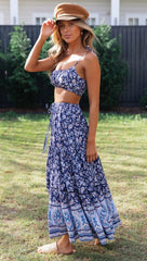 Marineblaues Camisole-Set mit Blumenmuster und Rock