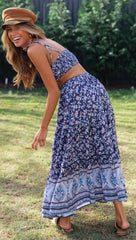 Marineblaues Camisole-Set mit Blumenmuster und Rock