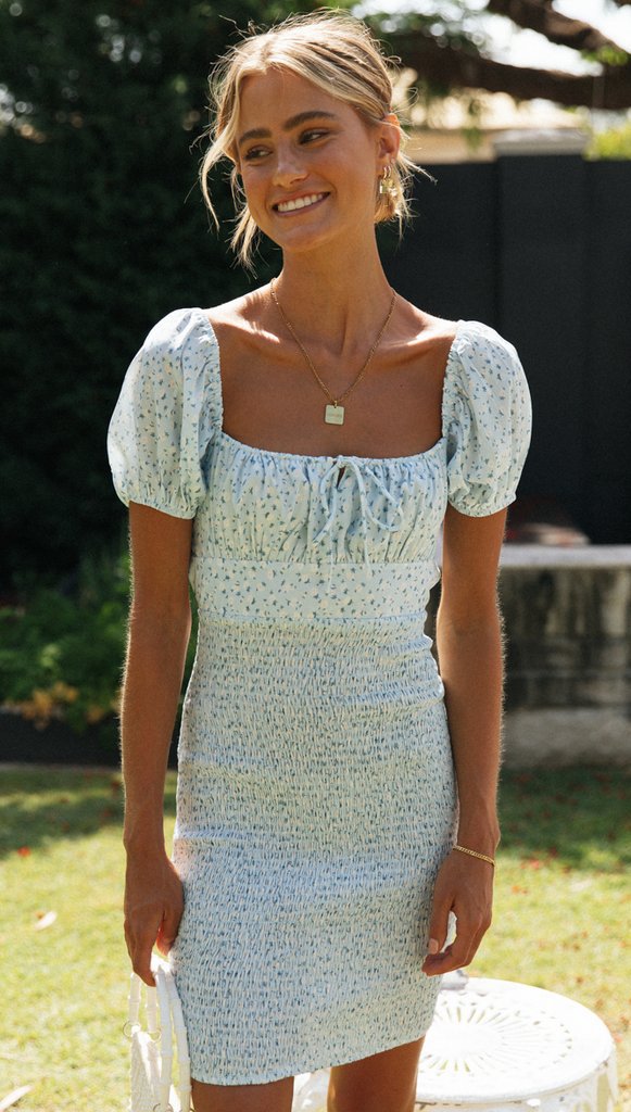 Dainty Blue Floral Smocked Bodycon Dress
