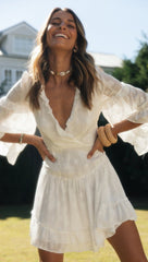 White Lace-Up Flare Sleeves Dress