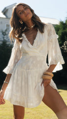 White Lace-Up Flare Sleeves Dress