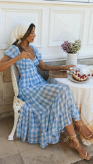 Blue Gingham Print Backless Dress