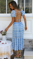 Blue Gingham Print Backless Dress
