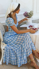 Blue Gingham Print Backless Dress
