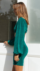 Green Long Sleeve Cutout Waist Bodycon Dress