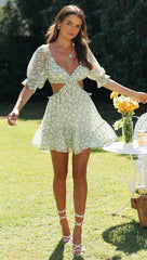 Green Floral Silhouette Cutout Dress