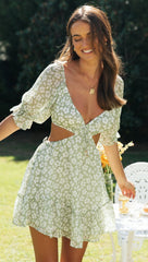 Green Floral Silhouette Cutout Dress