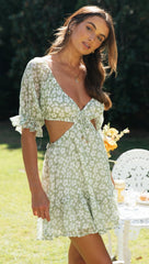 Green Floral Silhouette Cutout Dress