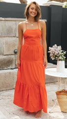 Oranges rückenfreies langes Kleid