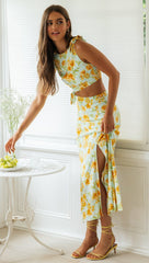 Aqua Floral Cutout Waist Bodycon Dress