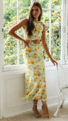 Aqua Floral Cutout Waist Bodycon Dress
