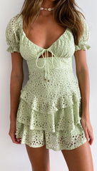 Green Crochet Lace-Neck Tie Dress