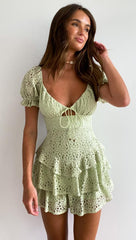 Green Crochet Lace-Neck Tie Dress