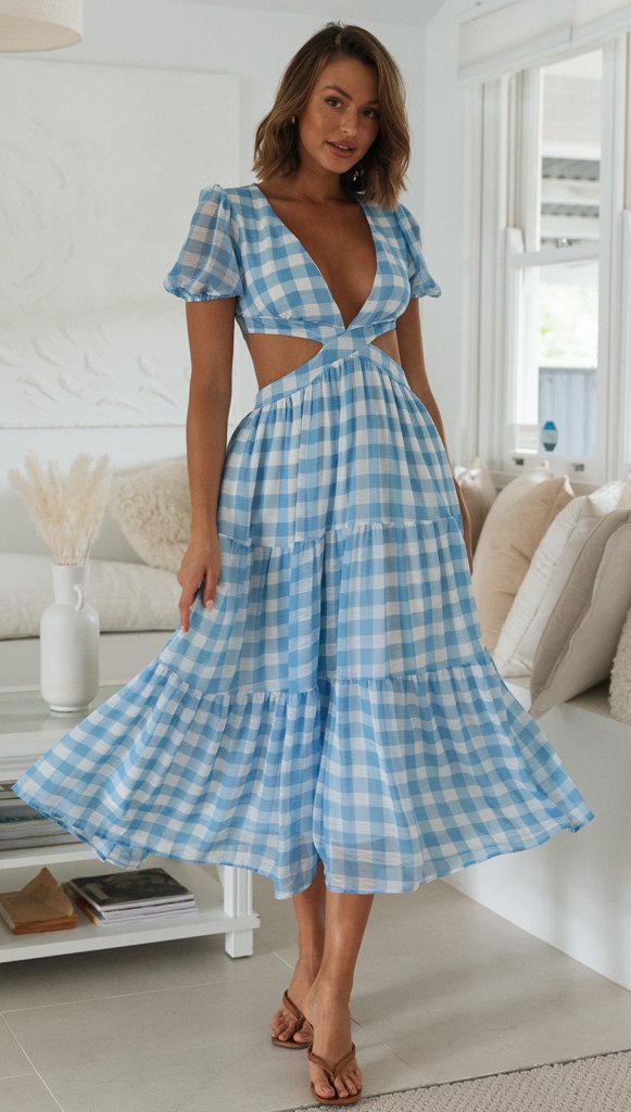 Blue Plaid Open Back Dress