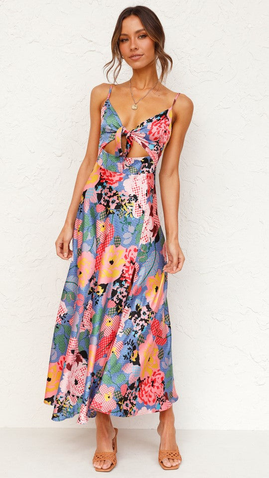 Bold Floral Print Knot Slip Dress