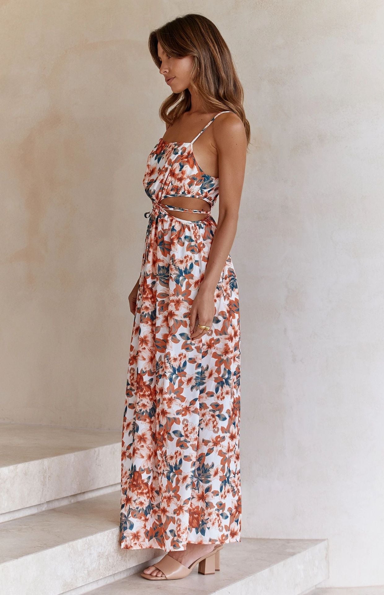Floral Print Cutout Waist Slip Dress