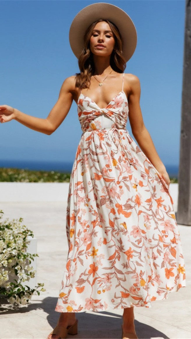 Coral Floral Print Front Twist Slip Dress