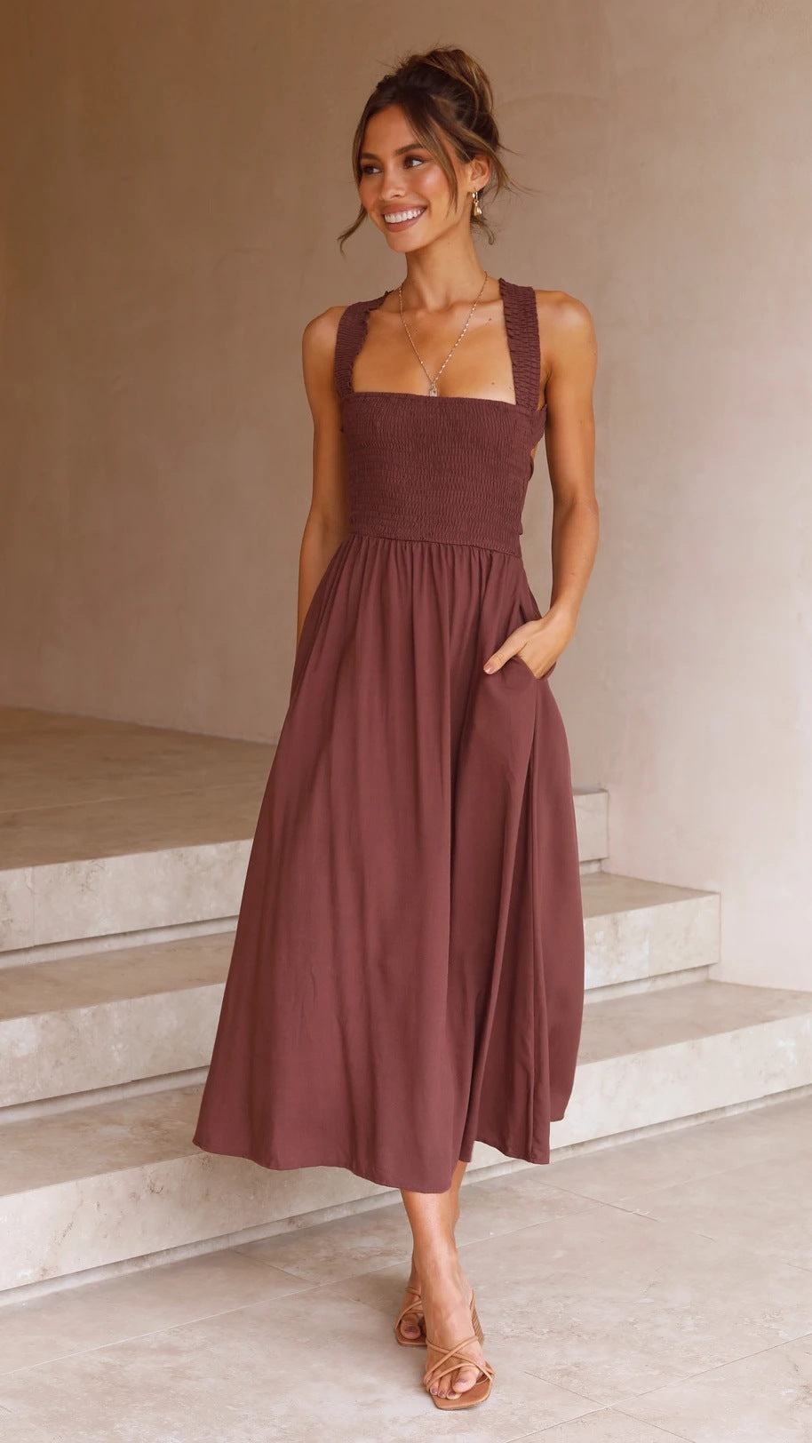 Brown Minimal Sleeveless Midi Dress