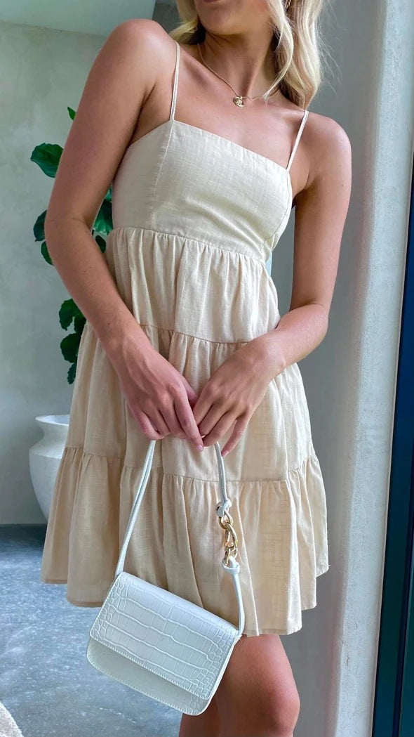 Beige Solid Back Tie Slip Dress