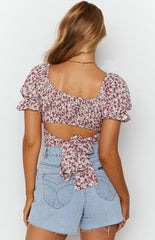 Purple Floral Back Knot Crop Top