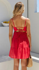 Red Solid Back Tie Slip Dress