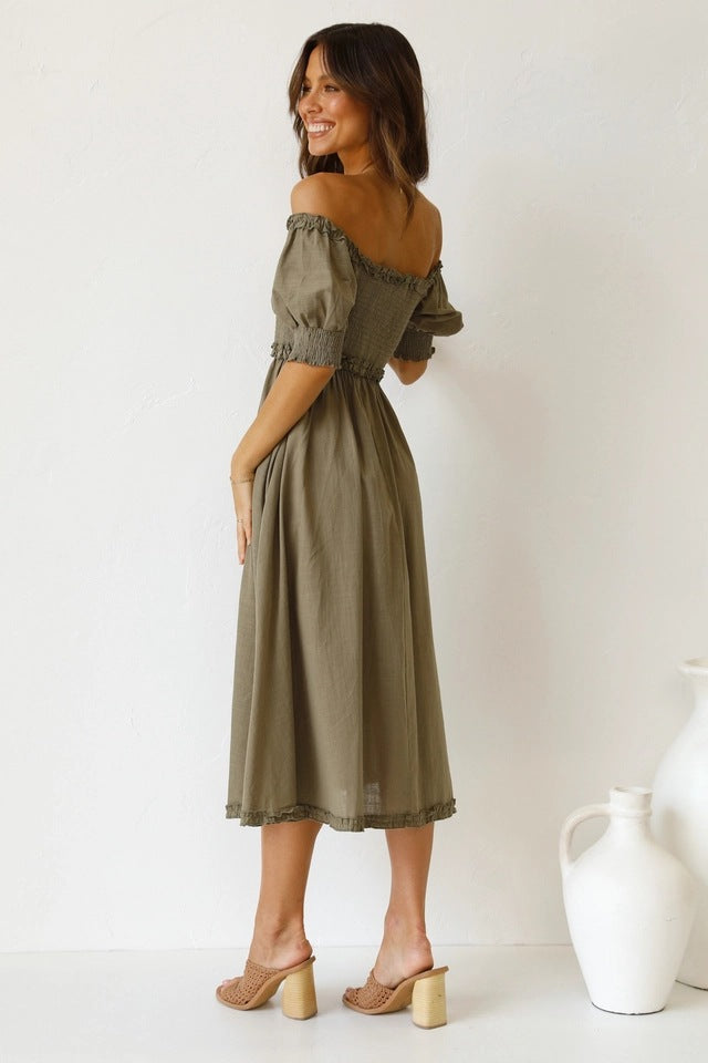 Olivgrünes gesmoktes Midikleid