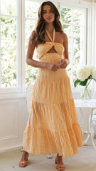 Orange Plaid Textured Halter Dress