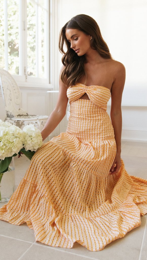 Orange Plaid Textured Halter Dress