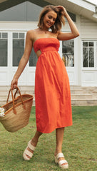 Orange Smocked Off Shoulder Midi Dress