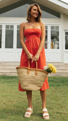 Orange Smocked Off Shoulder Midi Dress