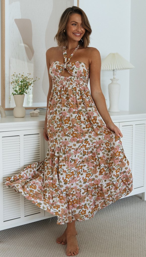 Retro Floral Halter Midi Dress