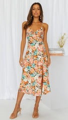 Oranges rückenfreies Midikleid mit ethnischem Blumenmuster