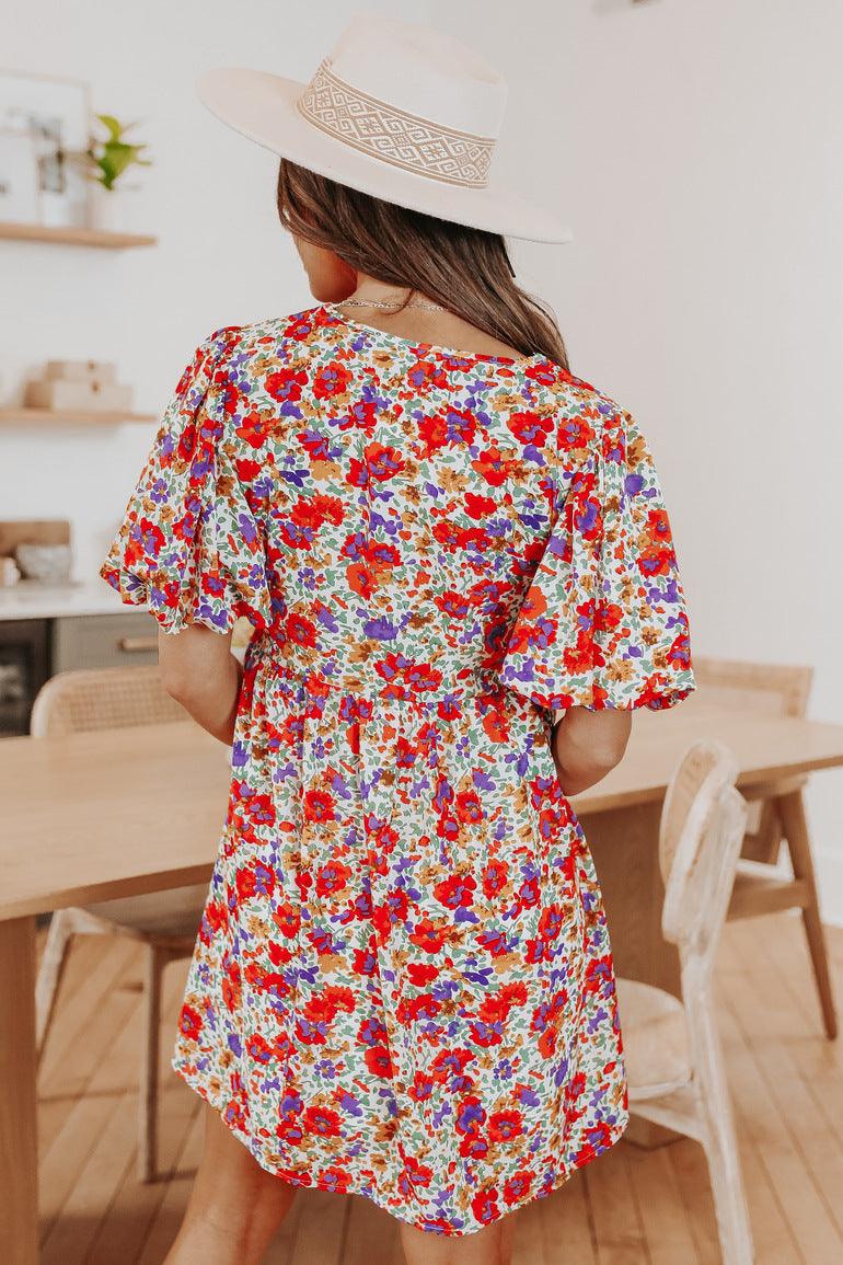 Red Rose Print Mini Dress