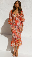 Orange Floral Long Sleeves Bodycon Midi Dress