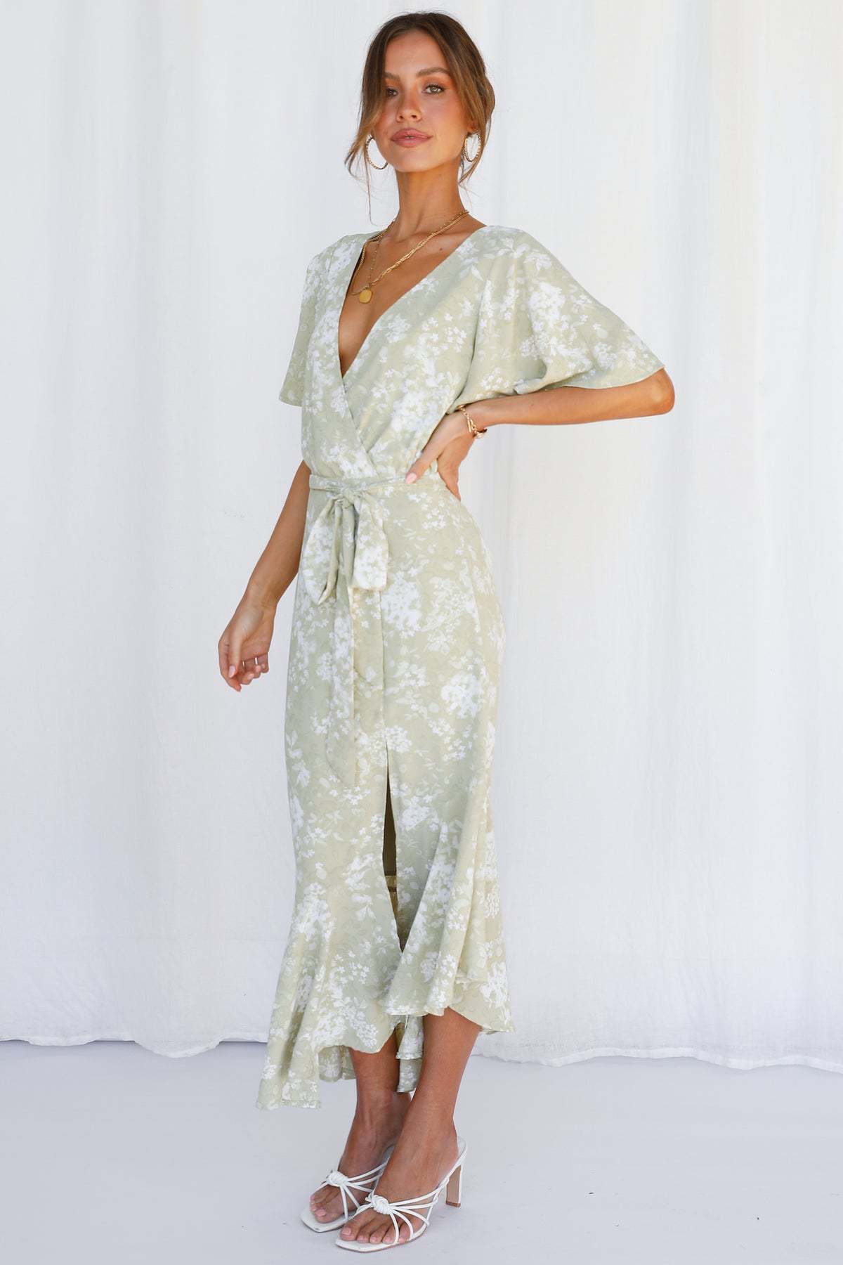 Mint Green Floral Waist Tie Midi Dress