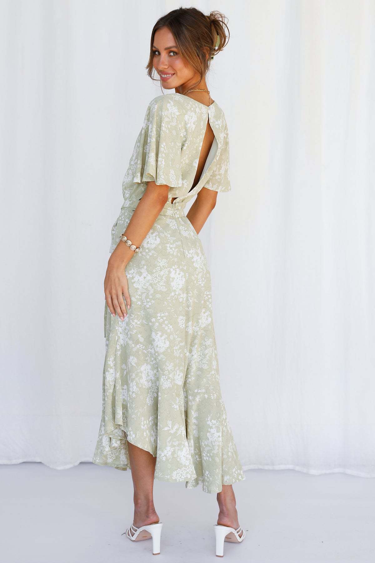 Mint Green Floral Waist Tie Midi Dress