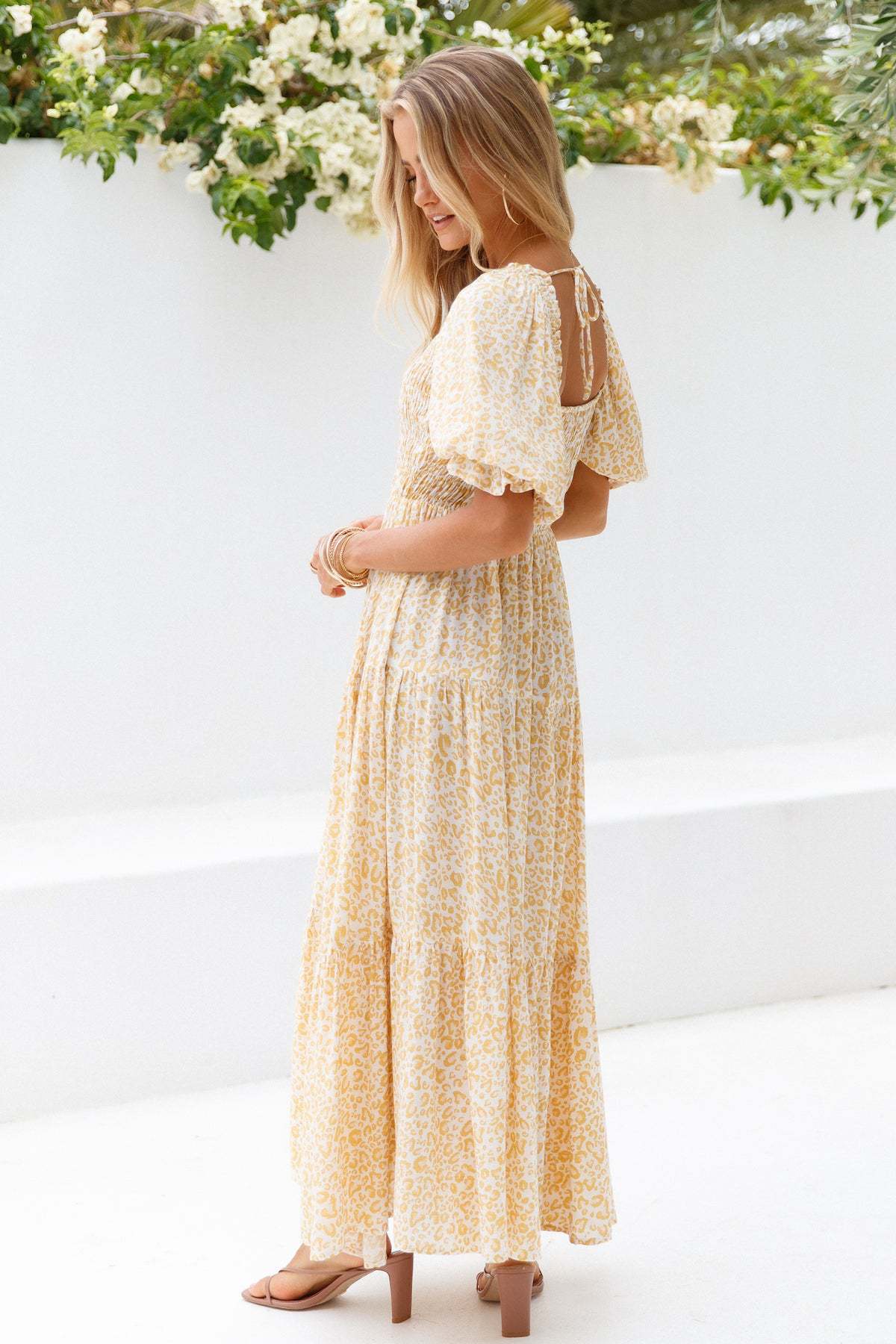 Yellow Floral Smocked Midi Dress