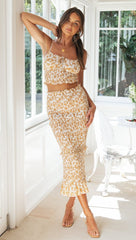 Orange Floral Smocked Crop Top and Skirt Sets