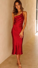 Red One Shoulder Midi Dress
