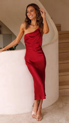 Red One Shoulder Midi Dress